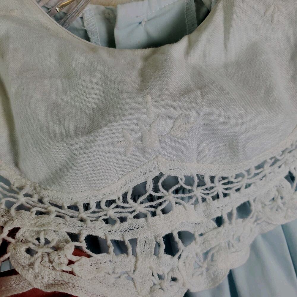 Peaches N Cream Vtg Blue Girls Dress White Collar Eyelet Trim Sz 4T Bib Cottage - Picture 5 of 11